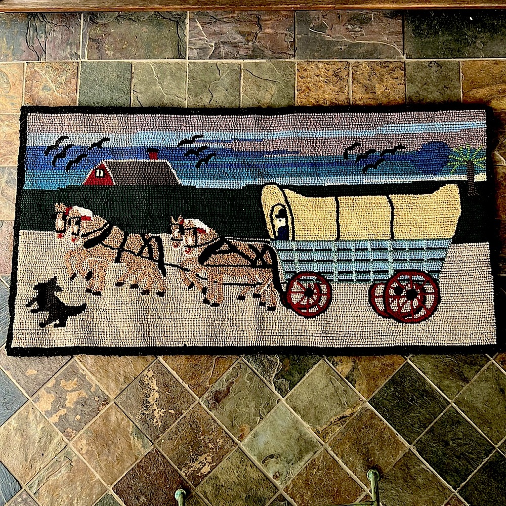 Amish Handmade Rug with Covered Wagon 1980’s
